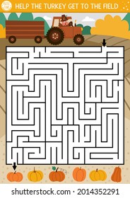 Thanksgiving Day maze for children. Autumn holiday preschool printable activity. Fall labyrinth game or puzzle with farm landscape, pumpkins, cute bird driving a tractor. Help turkey get to the field
