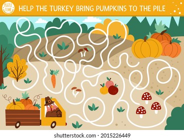 Thanksgiving Day maze for children. Autumn holiday preschool printable activity. Fall labyrinth game or puzzle with cute bird driving a car with harvest. Help turkey bring pumpkins to the pile
