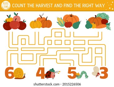 Thanksgiving Day maze for children. Autumn holiday preschool printable counting activity. Fall labyrinth game or math puzzle with cute vegetables, insects. Count harvest and fond the right way
