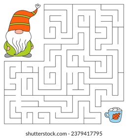 Thanksgiving day maze game for kids. Cute gnome looking for a way to the cup of cocoa with marshmallows. Happy thanksgiving. Doodle cartoon style. Printable worksheet.