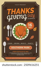 thanksgiving day, thanksgiving meal invitation, harvest, turkey, flyer template vector design