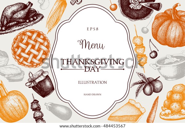 感謝祭のメニューデザイン 手描きの伝統的な食べ物イラストを持つベクター画像フレーム 家族の夕食の背景 ビンテージテンプレート のベクター画像素材 ロイヤリティフリー 484453567