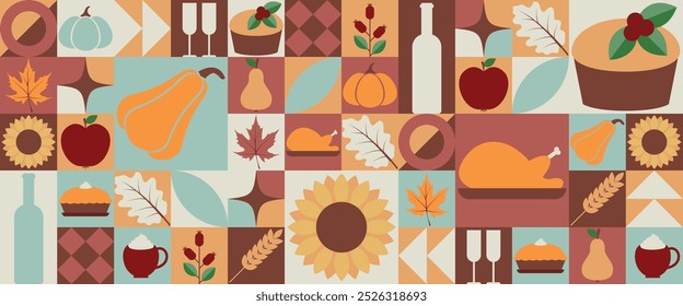 Thanksgiving day modern geometric background. Festive banner with pumpkin, rosehip, maple leaf, pie, turkey and geomertic shape. Vector illustration