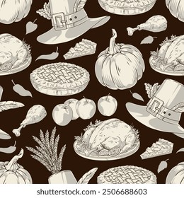 Thanksgiving day monochrome pattern seamless with pumpkin pie and roast turkey near fruits for holiday table vector illustration