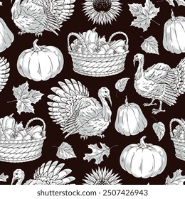 Thanksgiving day monochrome seamless pattern with turkeys and baskets filled with vegetables or fruits near tree petals vector illustration