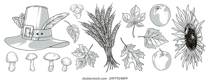 Thanksgiving day monochrome set stickers with autumn tree petals and mushrooms near antique hat and apples vector illustration