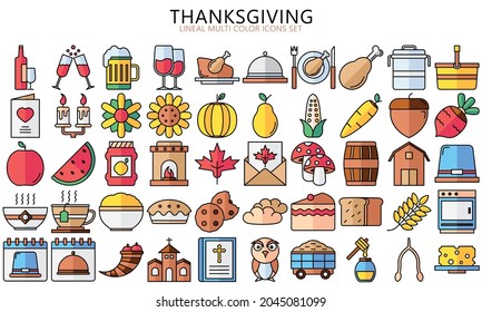 Thanksgiving day multi color icons set. Collection of holiday traditional elements, thin outline symbols. Used for modern concepts, web, UI, UX kit and applications. EPS 10 ready to convert to SVG.