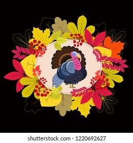 Thanksgiving day multicolored frame with leaves , rowan berries and turkey.