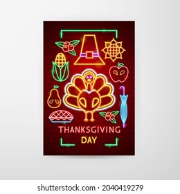 Thanksgiving Day Neon Flyer. Vector Illustration of Autumn Harvest Promotion.