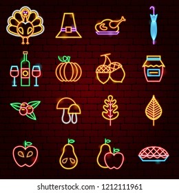 Thanksgiving Day Neon Icons. Vector Illustration of Fall Holiday Symbols.