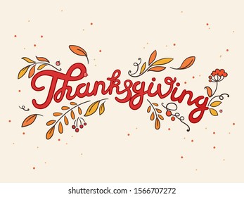 Thanksgiving Day nice lettering with autumn leaves. Design for banner, sales, greeting card etc. Red and orange palette