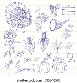 Thanksgiving day. Notebook with set of  hand drawn elements. Can be used for backgrounds and cards for Thanksgiving   decorations. Pumpkin, turkey, harvest, autumn. Vector Illustration