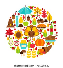 Thanksgiving Day Objects Concept. Vector Illustration. Autumn Holiday Set isolated over White.