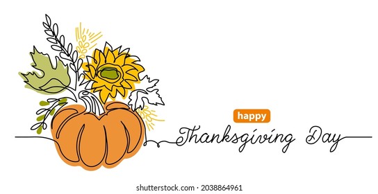 Thanksgiving Day one line art background with pumpkin vegetable composition. Simple vector greating background, banner, poster. Continuous line drawing with lettering happy Thanksgiving Day.