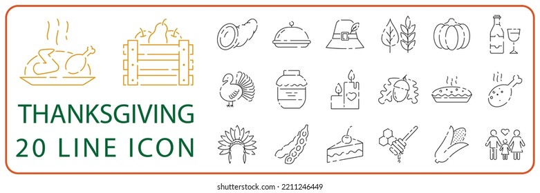 Thanksgiving Day Outline line Icons set vector. Happy holiday