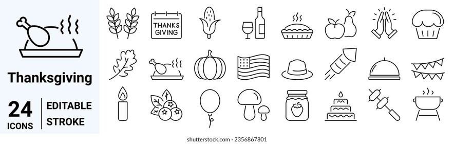 Thanksgiving day outline vector icon set. holiday, festive traditional elements.