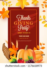 Thanksgiving day party poster, flyer or invitation card design.