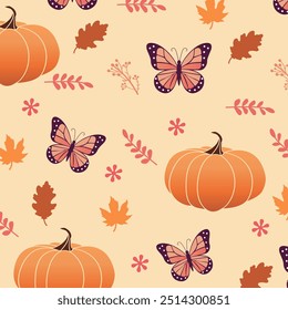 Thanksgiving Day Pattern with Orange Pumpkin, Butterfly, Falling Leaves. Autumn Harvest Decor. Cute Fall Halloween.