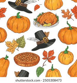 Thanksgiving day pattern seamless colorful with irish style pilgrim hat and pumpkins or turkey in delicious fried crust vector illustration