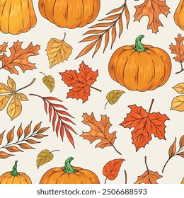 Thanksgiving day pattern seamless colorful with fresh ripe pumpkins and autumn tree leaves for holiday party decorations vector illustration