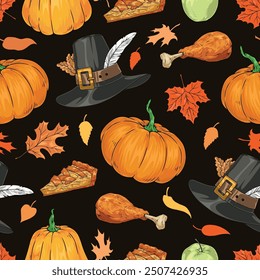 Thanksgiving day pattern seamless colorful with pilgrim hat and autumn pumpkins near roast turkey and apple pie slices vector illustration