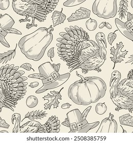 Thanksgiving day pattern seamless monochrome with pumpkin and apples from latest harvest near turkeys and pilgrim hats vector illustration