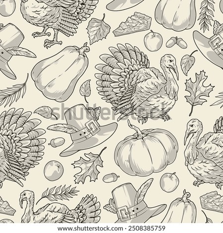 Thanksgiving day pattern seamless monochrome with pumpkin and apples from latest harvest near turkeys and pilgrim hats vector illustration