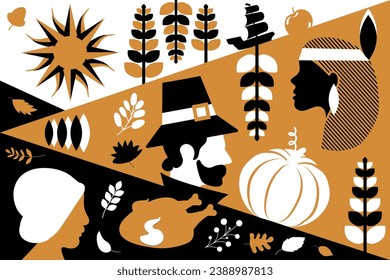 Thanksgiving day people characters holiday poster in boho colors with man and woman Pilgrims, local indigenous, Indian, harvest symbols. Template for printing, announcement, guests inviting . Vector