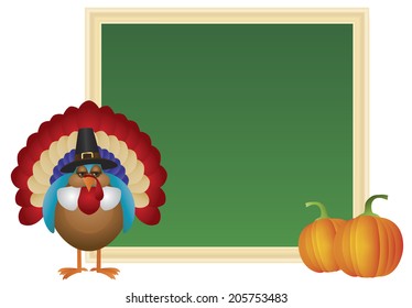 Thanksgiving Day Pilgrim Turkey with Pumpkins and Chalkboard Sign Vector illustration