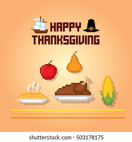 Thanksgiving day. Pixel art. Old school computer graphic style. Games elements