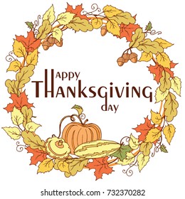 Thanksgiving day poster with autumn leaves, vegetables and fruits. Wreath with gifts of autumn on white background. / Vector Illustration in hand drawn style. 