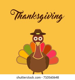 Thanksgiving Day Poster. Beautiful Cartoonic Turkey wearing Hat. Yellow Background