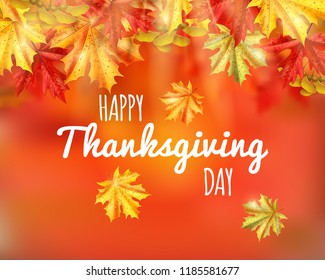 Thanksgiving day poster or card with happy thanksgiving day headline on orange autumn background vector illustration