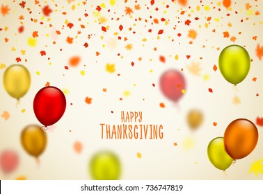 Thanksgiving day poster design. Autumn greeting card, holiday season banner. Beautiful background with colorful fall falling leaves and air balloons. Backdrop for carnival, celebration or festive
