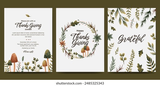 Thanksgiving day poster set with autumn wreath, autumn leaves, mushroom, berries. fall concept for autumn poster, flyer,  greeting card, stories, invitation. botanical illustration.