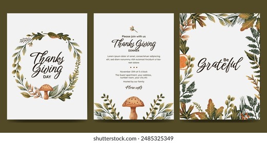 Thanksgiving day poster set with autumn wreath, autumn leaves, mushroom, berries. fall concept for autumn poster, flyer,  greeting card, stories, invitation. botanical illustration.