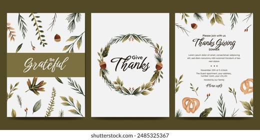 Thanksgiving day poster set with autumn wreath, autumn leaves, acorn, berries, food. fall concept for autumn poster, flyer,  greeting card, stories, invitation. botanical illustration.