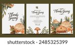 Thanksgiving day poster set with hot drink, pie, food, sweets, orange slice, autumn leaves, mushroom, berries. fall concept for autumn poster, flyer,  greeting card, stories, invitation.