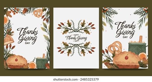 Thanksgiving day poster set with hot drink, pie, food, sweets, orange slice, acorn, autumn leaves, berries. fall concept for autumn poster, flyer,  greeting card, stories, invitation.