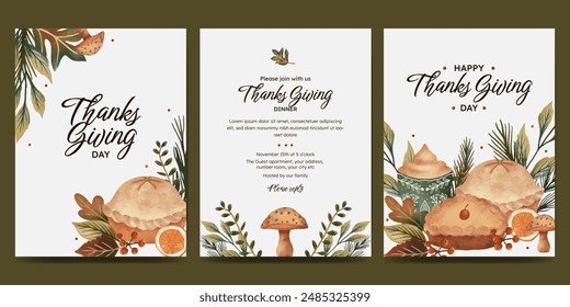 Thanksgiving day poster set with hot drink, pie, food, sweets, orange slice, autumn leaves, mushroom, berries. fall concept for autumn poster, flyer,  greeting card, stories, invitation.