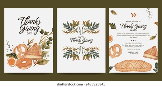 Thanksgiving day poster set with pie, food, sweets, orange slice, acorn, autumn leaves, berries. fall concept for autumn poster, flyer,  greeting card, stories, invitation.