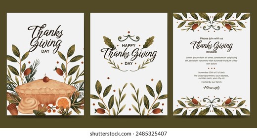 Thanksgiving day poster set with pie, food, sweets, orange slice, acorn, autumn leaves, berries. fall concept for autumn poster, flyer,  greeting card, stories, invitation.