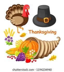 Thanksgiving day poster with text and symbolic items set vector. Isolated icons, pumpkin and hat, turkey animal, grapes and corn, leaves and wheat