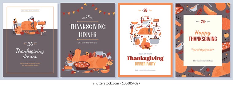 Thanksgiving day posters with cooking holiday autumn food for traditional dinner. A set of festive greeting cards with dishes from pumpkin and roast turkey. Vector illustrations.