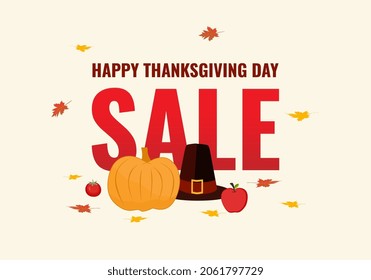 Thanksgiving Day promo sale flyers on the white backgrounds. Seasonal lettering. Pumpkin pie, autumn leaves vector illustration for poster, banner, special offer.