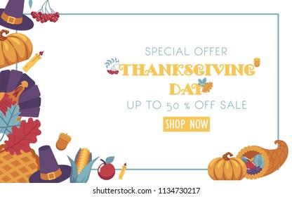 Thanksgiving day promotional banner with traditional holiday symbols and advertising sign - special offer sale banner for autumn family event in flat vector illustration.