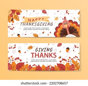 Thanksgiving day promotional cards, banners with turkey character and yellow leaves in flat style vector illustration
