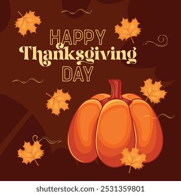 Thanksgiving Day pumpkin and autumn leaves on brown background, Vector