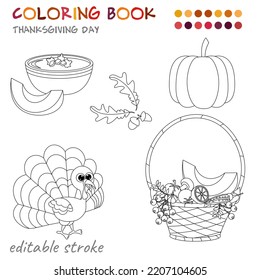 Thanksgiving Day. Pumpkin, basket, pumpkin soup and turkey. Coloring template for children and adults. For relaxation and rest.