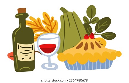 Thanksgiving day with pumpkin, pie, bottle and glass of wine, flat vector illustration. Green pumpkin with autumn leaves. Vector flat illustration. Sublimation printing on a white background